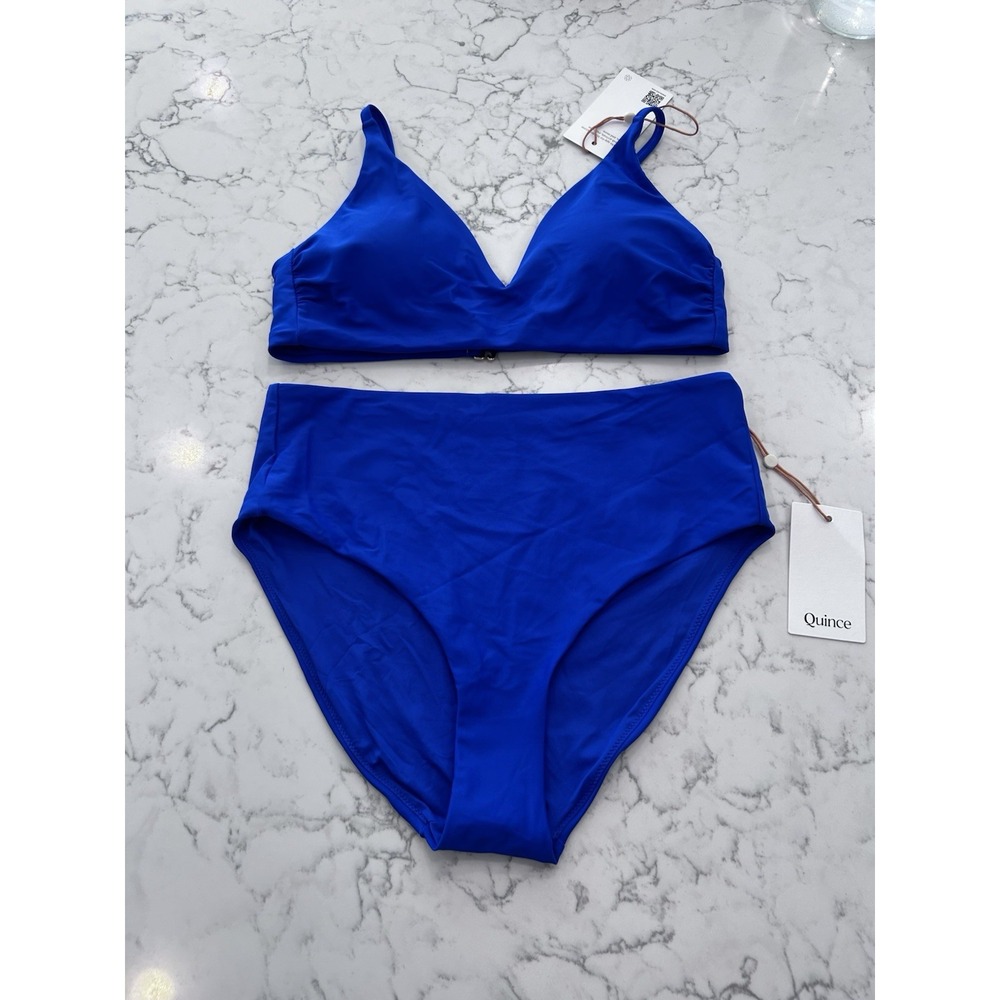 NWT Quince Electric Blue Italian V Neck Bikini Top & High Rise Bottom Set Medium